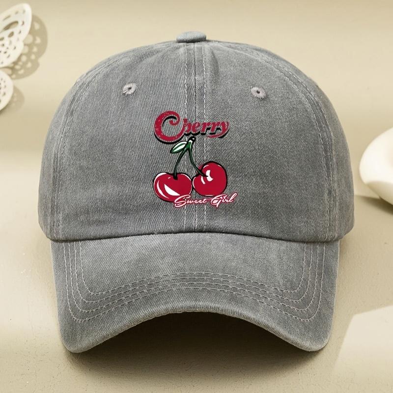 Cherry Sweet Girl Washed Baseball Cap Retro Distressed Print Adjustable Unisex Casual Sports Cap