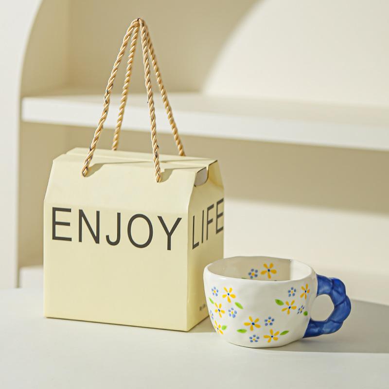 Retro Hand Painted Flowers Handmade Irregular Cute Cup Ceramic Coffee Cup Design Sense Coffee Cup Household Water Cup