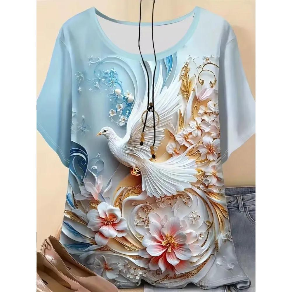 Dames T-shirt 3D Patroon Gedrukt Casual Korte Mouw Ronde Hals Top Modieuze Straat Dameskleding