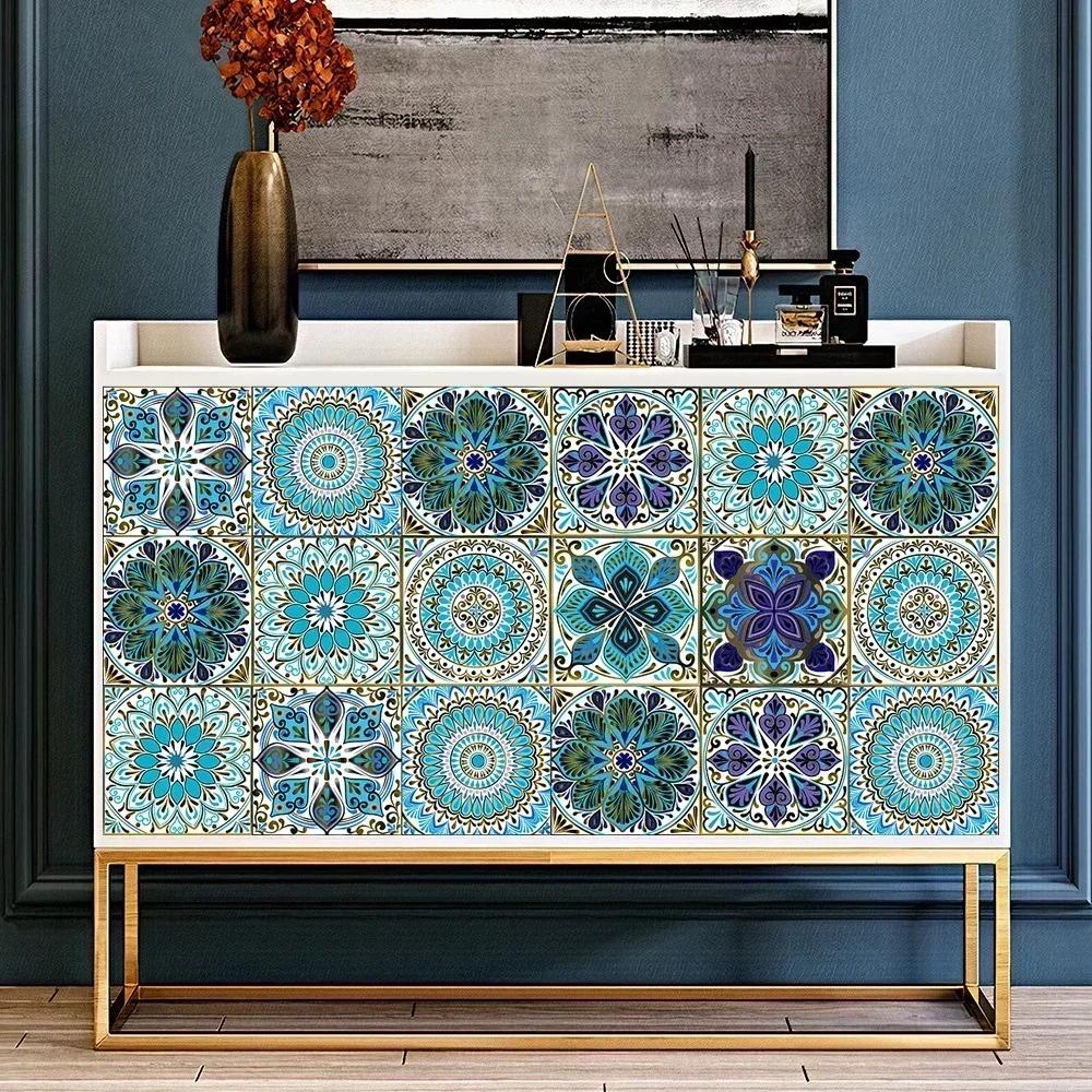 10pcs/set Mandala Style Crystal Hard Tiles Ceramics Wall Sticker Kitchen Wardrobe Decor Art Mural & Stick Wall Decals