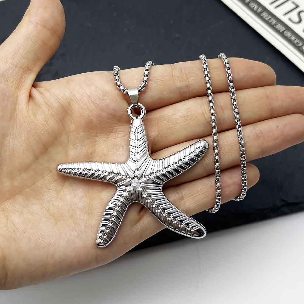 Retro Silver Starfish Pendant Sweater Necklace - Unisex Ocean-Themed Accessory