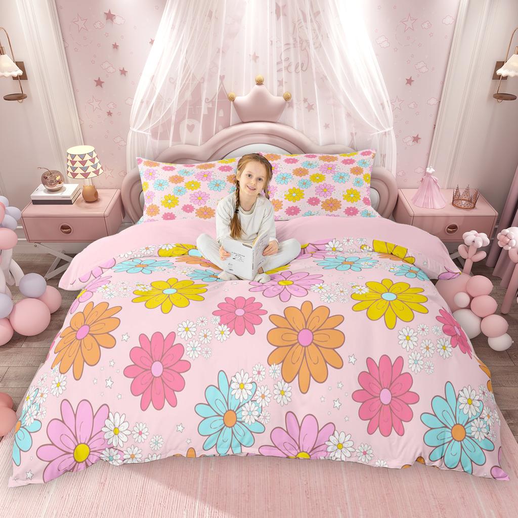 Homewish Kawaii Cherry Bowknot Duvet Cover Set Cute Groovy Flower Bed Set Cartoon Rainbow Quilt Cover Set