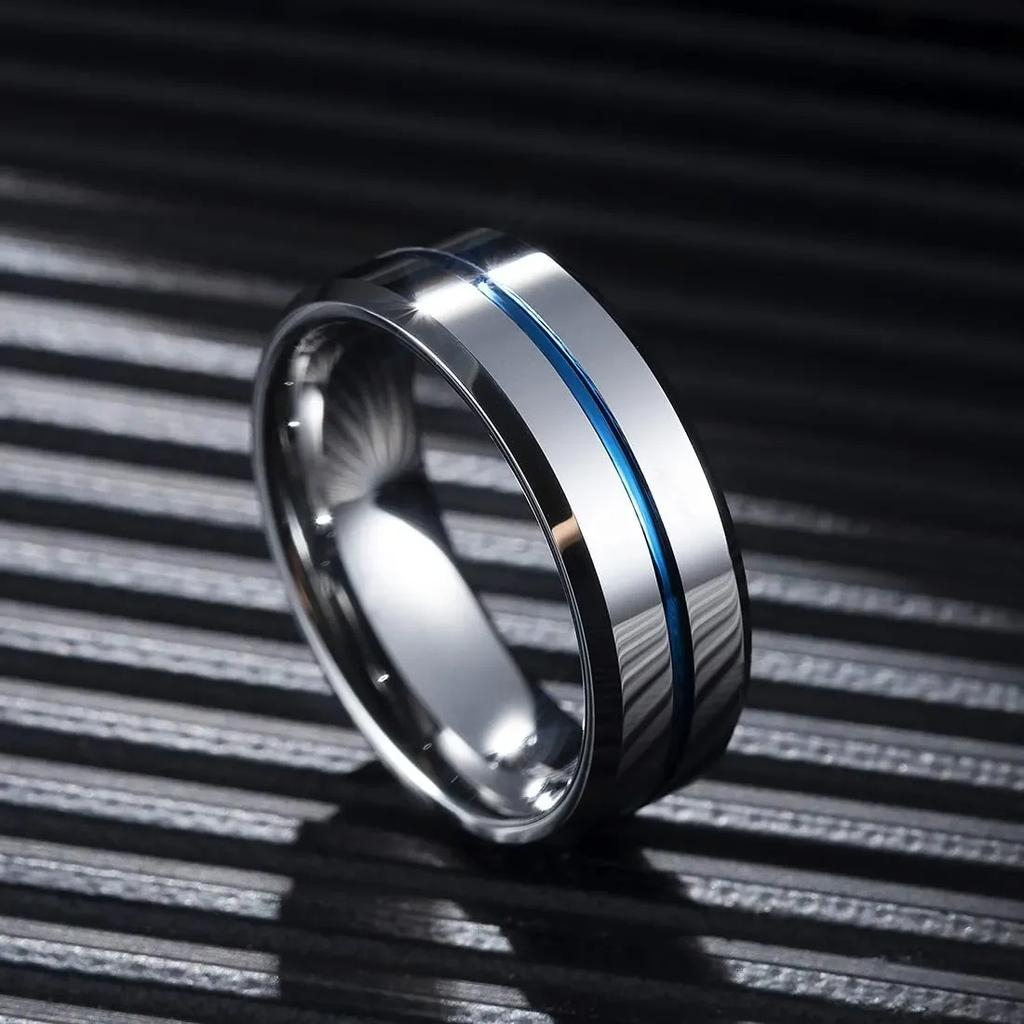 Fashion 8mm Blue Groove Stainless Steel Rings For Men Silver Color Brushed Men Rings Wedding Band Wholesale