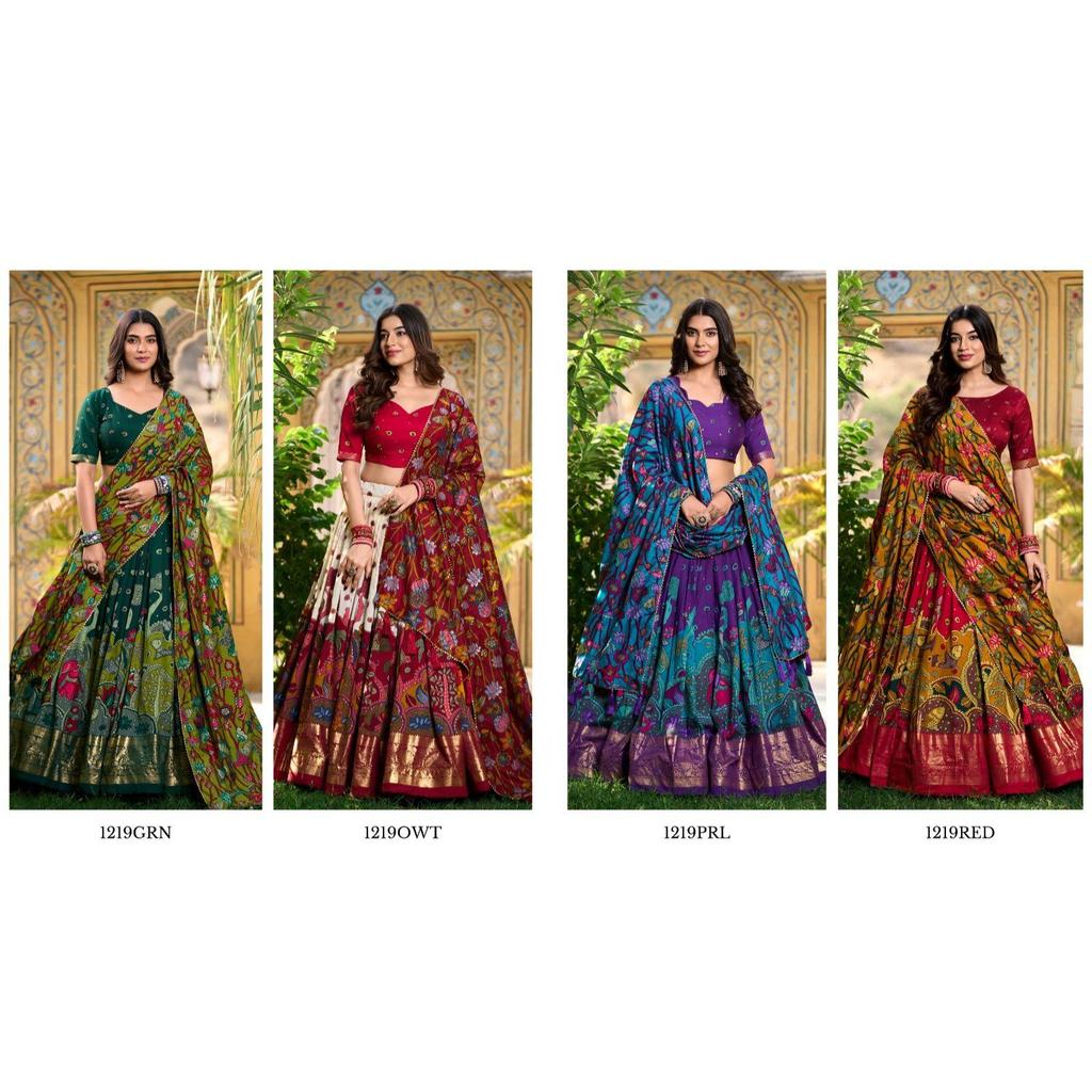 Infuse Your Wardrobe with Southern Grace—Tasar Silk Kalamkari Print Lehenga Choli Featuring a Sophisticated Foil Work Border