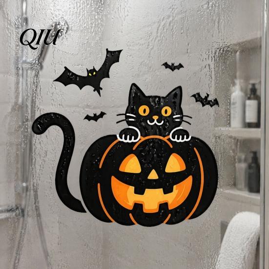Easy to Apply Seasonal Wall Stickers Halloween Pumpkin Sticker, Black Cat on with Flying Bats Decal, Holiday Decor for Floor Ceiling Windows