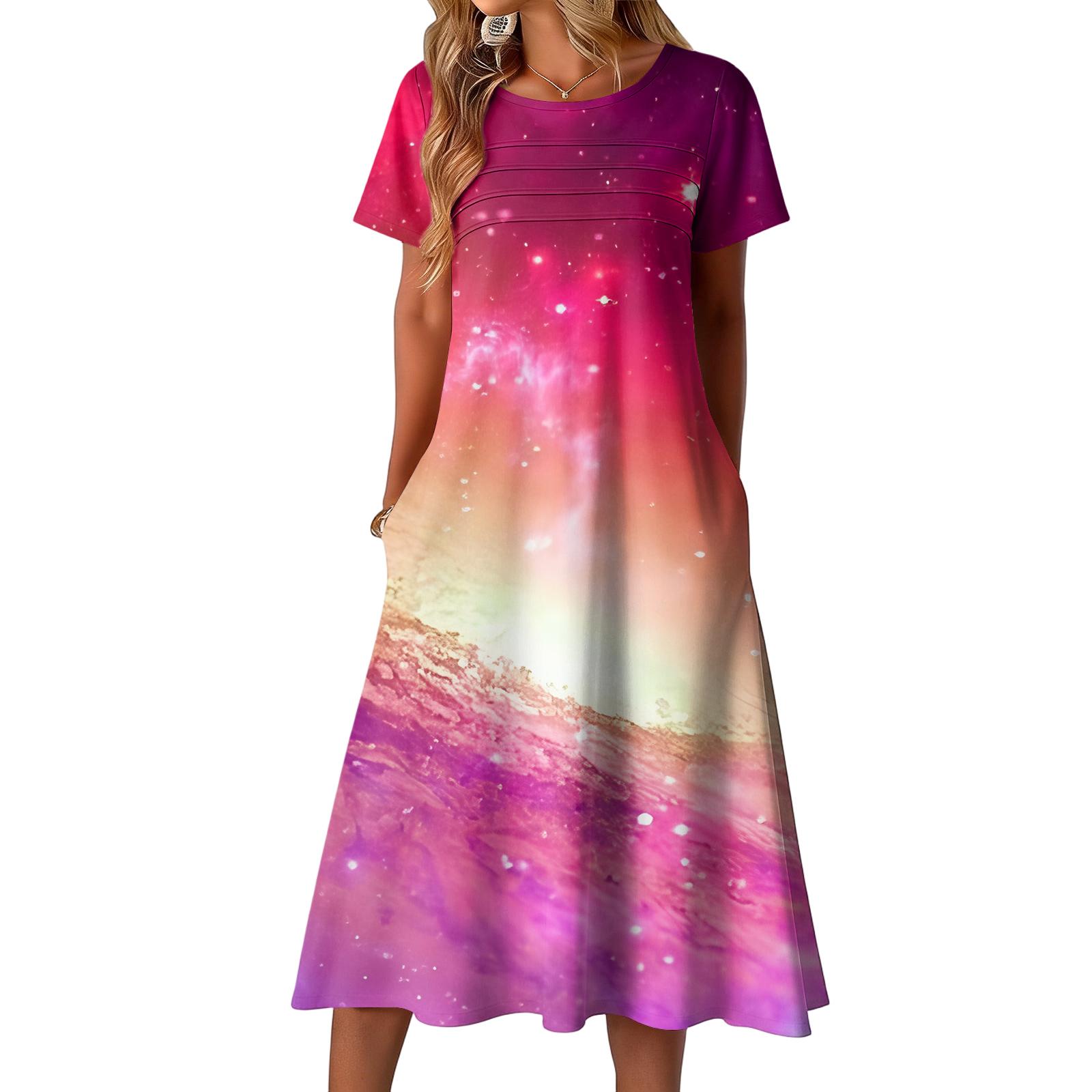 Ladies  printed casual and fashionable short sleeved round neck dress XXXL