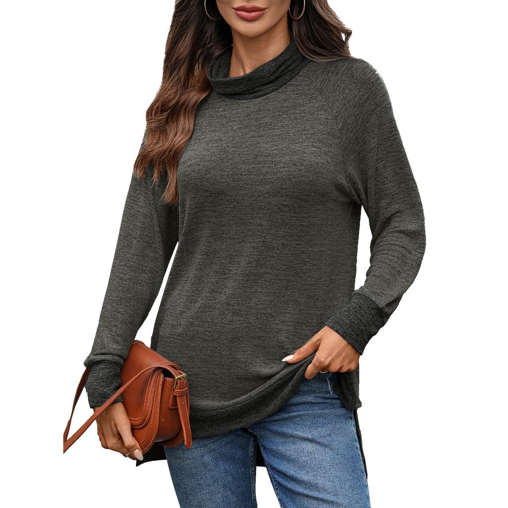 New Autumn and Winter Color-blocking High-neck Loose Long-sleeved T-shirt Top for Women