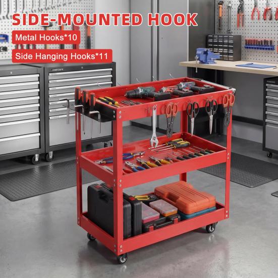 Three Tier Tool Cart 3-Tier Rolling Cart, Metal Heavy Duty Utility with Side Hooks, Mobile Organizer 4 Wheels, Handle, 330lbs Load Capacity