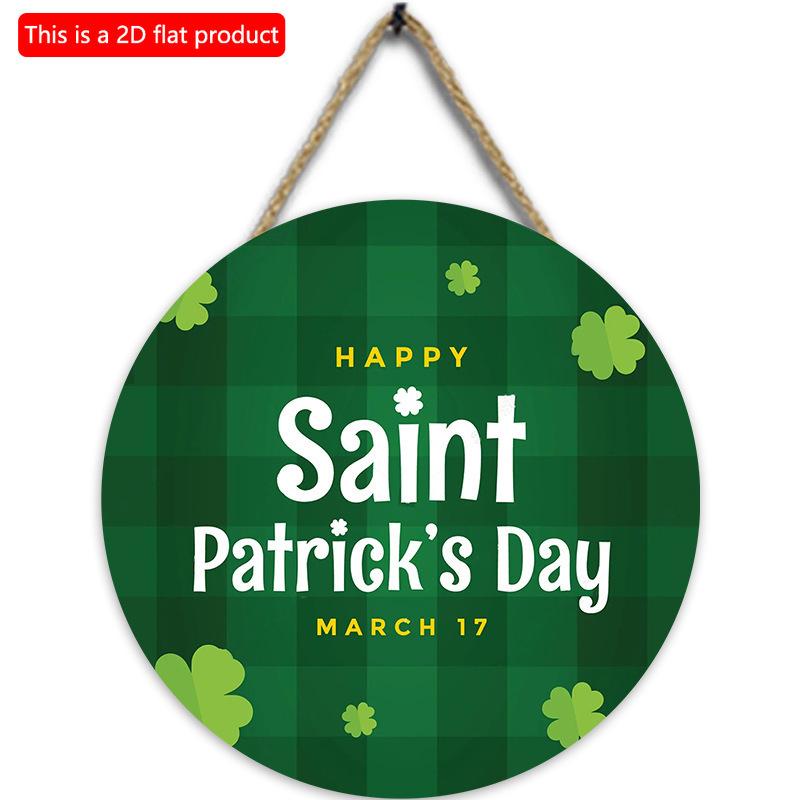 2D Flat 20*20cm1pc March 17 St Patricks Day Green Stripe Cartoon Four Leaf Grass Round Decorative Door Pendant Hanging Welcome Party Wooden Sign Happy