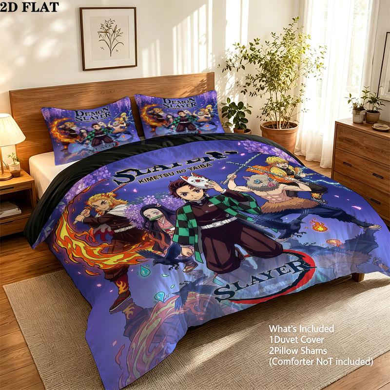 Set Copripiumino Trapuntato con Fantasia Demon Slayer Federa Cuscino Regalo di Compleanno per la Casa(1 * copripiumino + 2 * federa, senza nucleo)