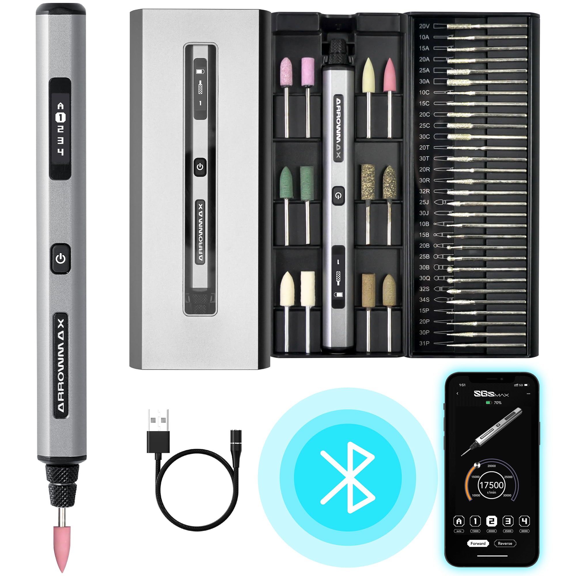ARROWMAX Smart Mini Электрический Гравировальный Полый Стакан 42 Насадки с Алюминиевой Магнитной Мини Роторной Беспроводной Гравировальной Ручкой для и Пластика Ручка, Мотор, Кейс, чёрный