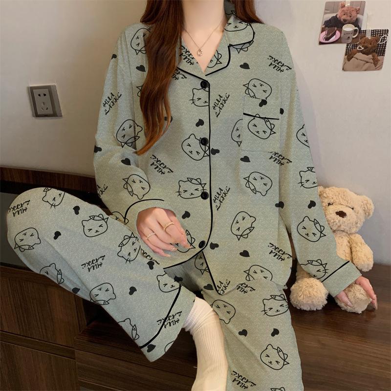 Imitation cotton ins style bow pajamas women's spring new fashion lazy long-sleeved loungewear two-piece set