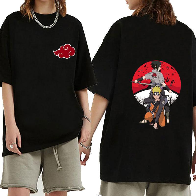 Naruto Sasuke Red Moon Scene T-Shirt, Front Akatsuki Cloud Badge Back Dual Character Graphic Unisex Loose Top