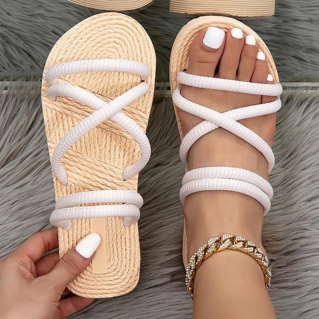 Women's Striped Suede Cross-Strap Flat Sandals with Faux Hemp Rope Sole.