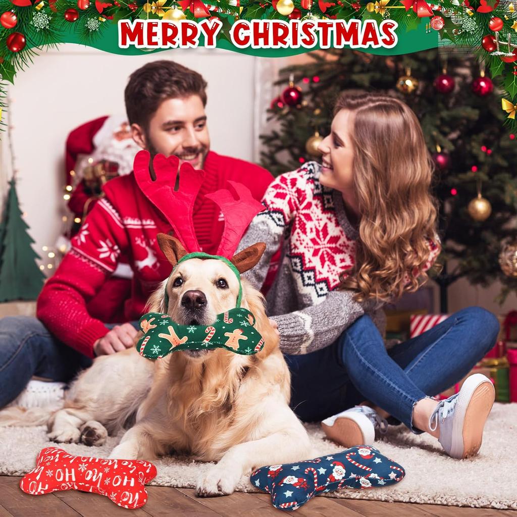 6 Pack Christmas Dog Squeaky Bone Toys Plush Interactive Dog Pets Birthday Bone Shape Stuffed Chew Toys for Puppy Small Medium Large Squeak Toss Play