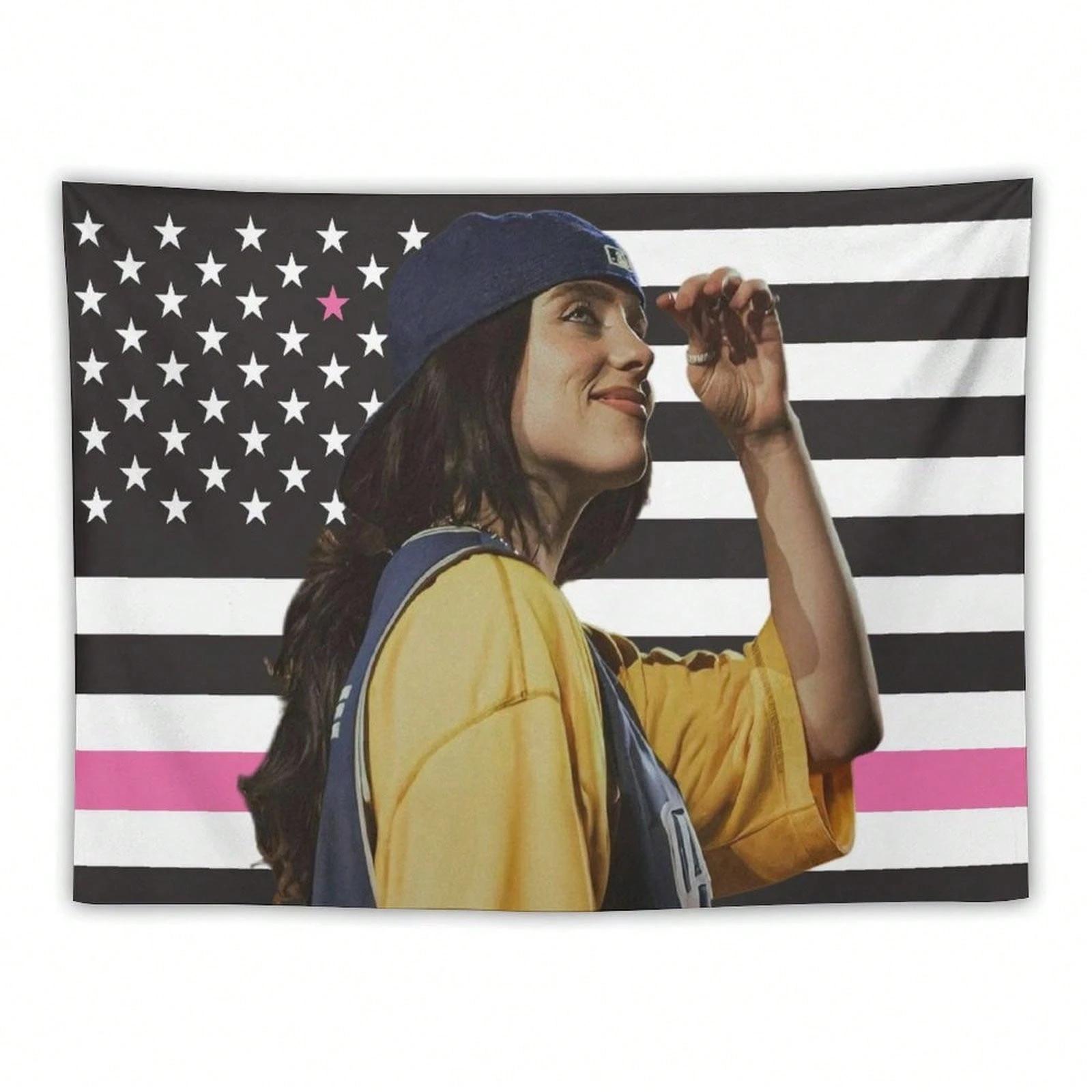 

1 шт. Тканое полотно с изображением Билли Айлиш и американского флага, патриотичное, для дома, общежития, фанатов, подарок, настенный декор 74x94cm(29x37in)