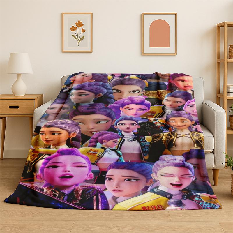 Kpop Demon Hunter Rumi Mira Zoey Cartoon Group Flannel Blanket Soft Warm Throw Blanket for Bedroom Living Room Bed Travel Gift