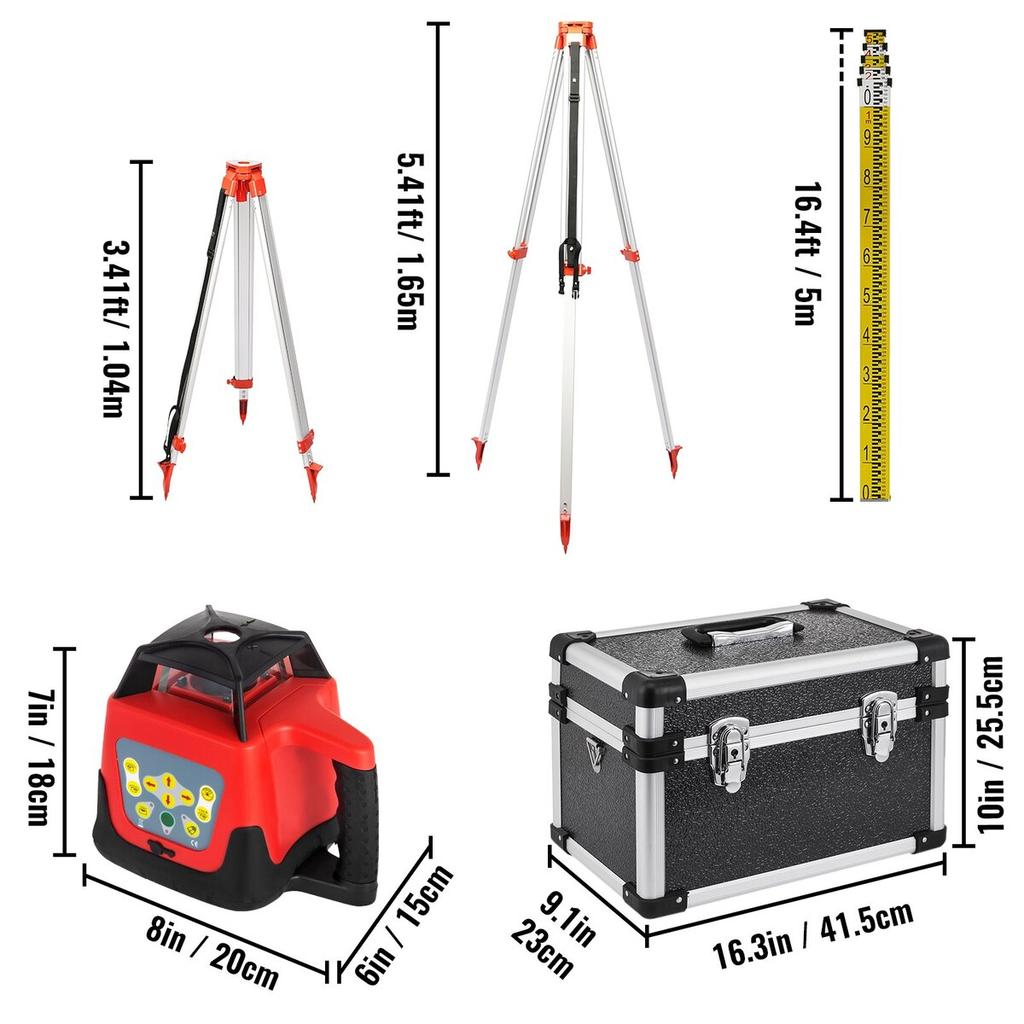 Red Rotary Laser Level Self Leveling Measuring Automatic Self-leveling Laser Level 360-degree Rotary Scanning 500m + Tripod + 5m Staff