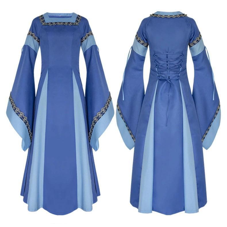 Rochie coadă de rândunică retro cu rever, multicoloră, medievală, pentru femei, cu tiv neregulat