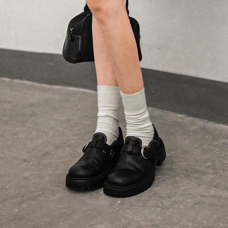 Cowhide Version~ British Style Retro Leather Single Shoes Belt Buckle Muffin Bottom Loafers Women's Thick-soled Thick-heeled Small Leather Shoes