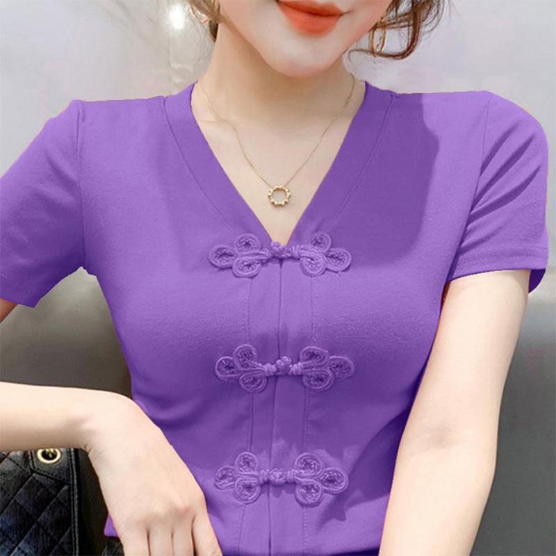 

Литературный ретро-этнический стиль, однотонная тонкая трендовая футболка с пряжкой и короткими рукавами, женский модный топ M фиолетовый