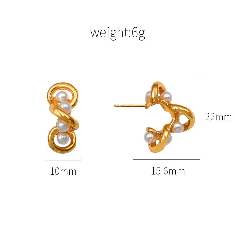 

Fashion Light Luxury Irregular Titanium Steel 18K Winding Pearl C-Shaped Earrings Retro High-End Versatile Earrings