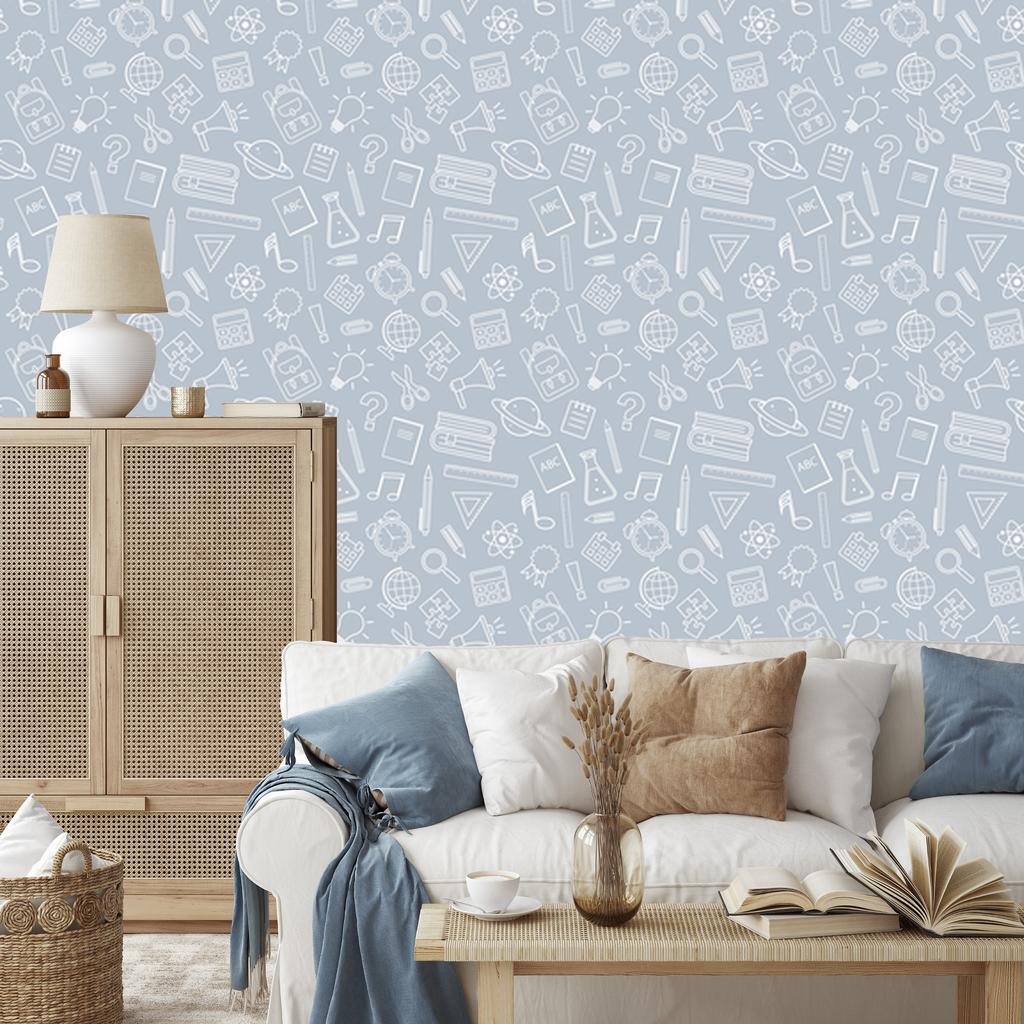 School Supplies Wallpaper Light Gray and White for Living Room and Bedroom 50x1000