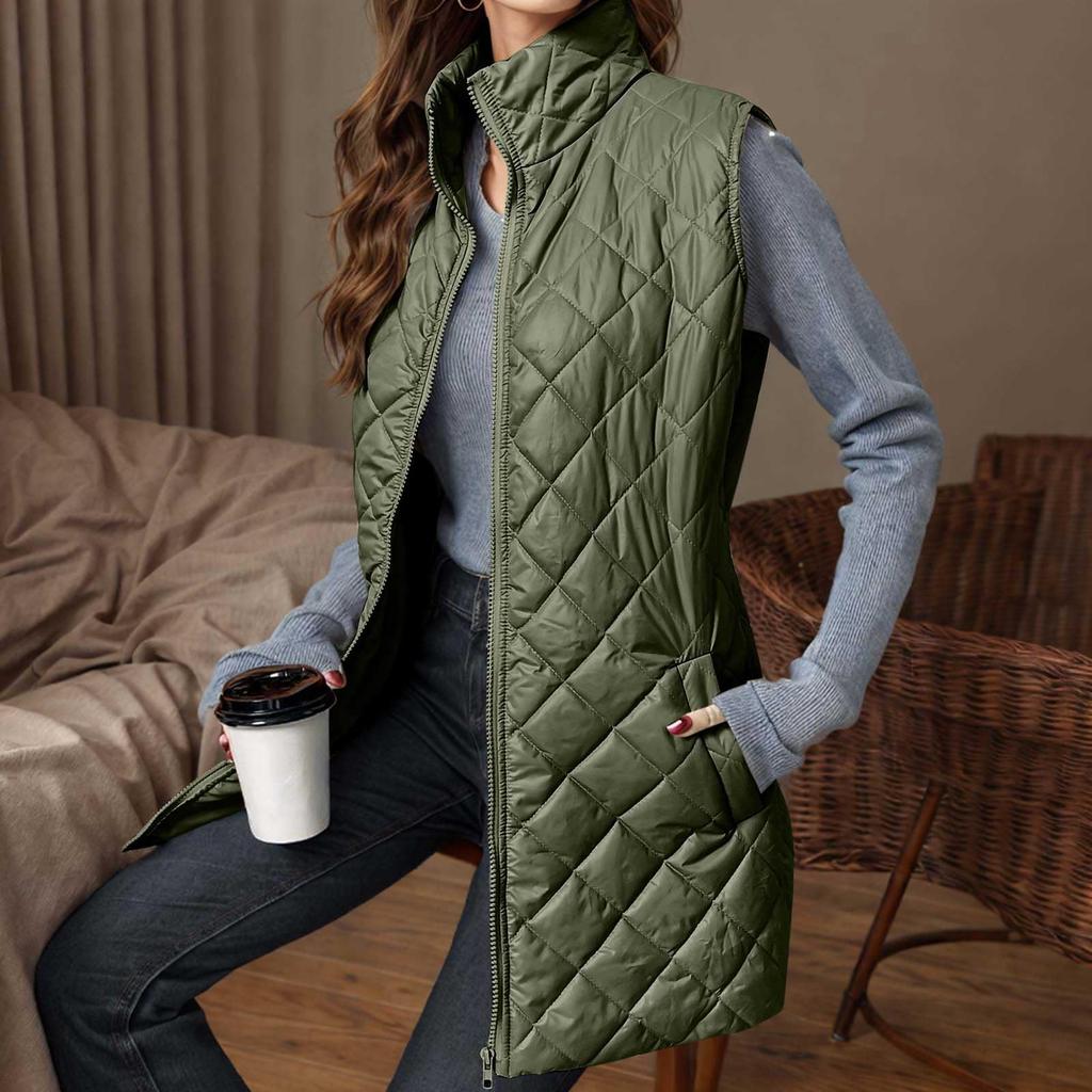 Dámská dlouhá trendy jednobarevná prošívaná bunda bez rukávů na zip, lehká, hřejivá, polstrovaná vesta, kabát, svrchní oděv