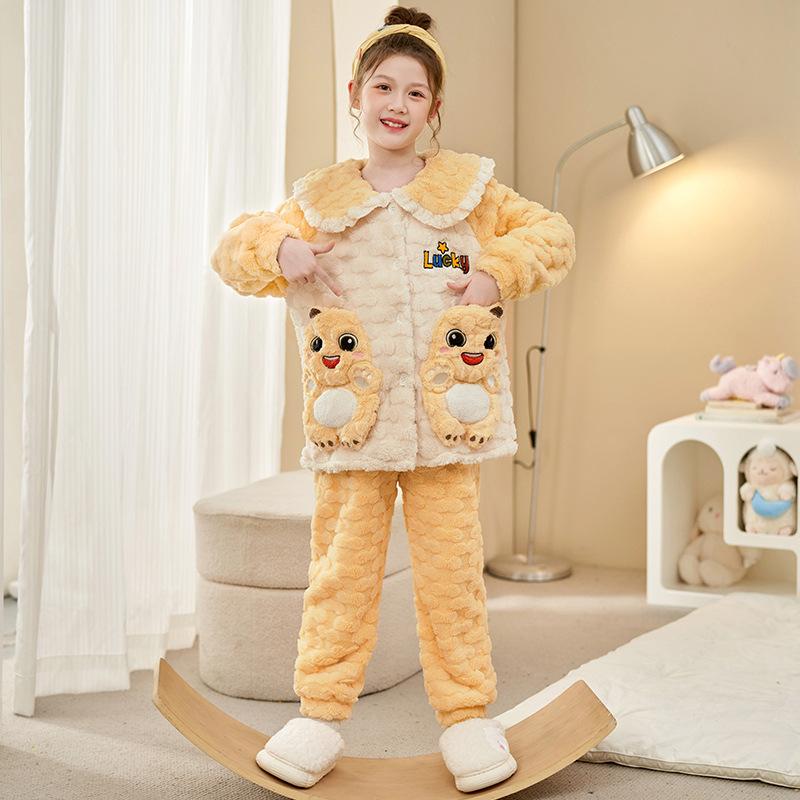 Kids Flannel Pajamas Set Boys Girls Warm Long Sleeve Top And Pants Sleepwear Winter Home Nightwear