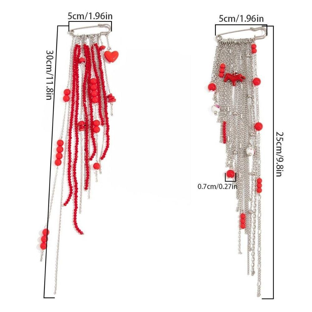 Love Heart Beaded Tassel Chain Brooch Multi-Layer Chain Pin Crystal Seed Bead Exaggerated Brooch
