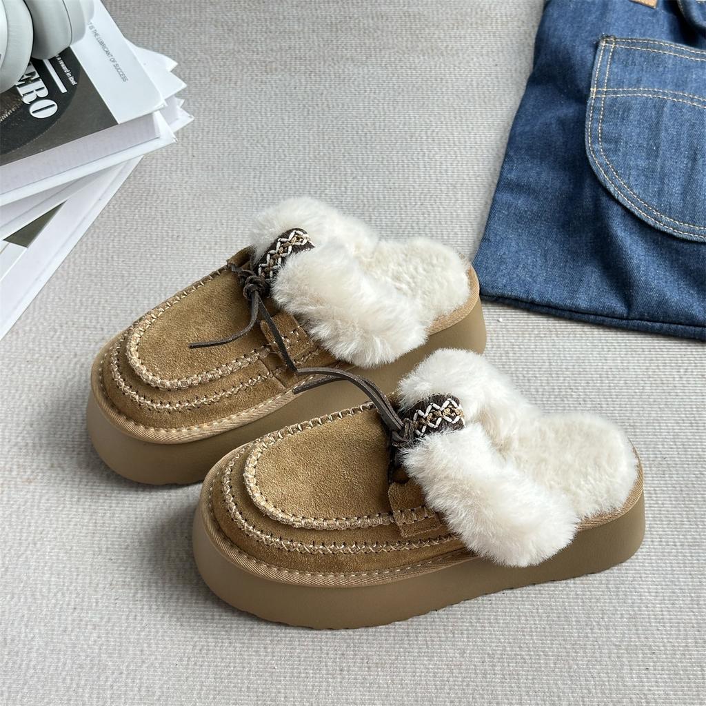 Genuine leather velvet warm thick-soled half-slippers women's outer wear 2025 winter new Baotu one-pedal fluffy snow boots