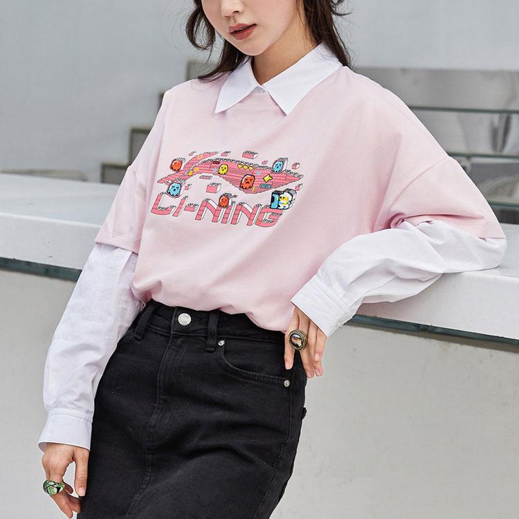 Li-Ning Graffiti Cartoon Print Loose Sports Short Sleeve T-Shirt Women Tops Pink AHSR832-8