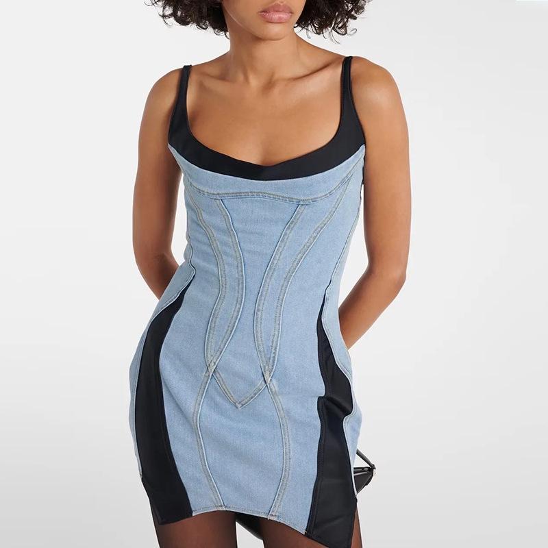 

Юбка на подтяжках из французского денима высокого качества - женское платье-трапеция с облегающим лифом Fishbone на осень 2024 года S синий