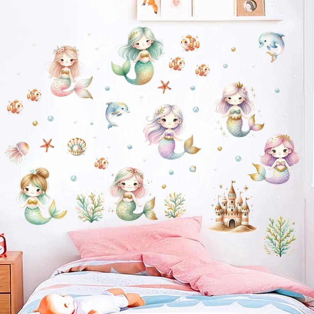 1Pc Cartoon Ocean Cute Mermaid Wall Stickers Furniture For Kids Room Bedroom Wall Art Home Decor Accessories Living Room Decals