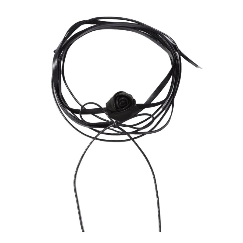 

Многослойное ожерелье из кожаного шнура с цветком камелии, цепочка для ключиц для модных женщин, ищущих универсальные украшения чёрный