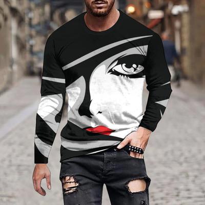 Moda Uomo Primavera e Autunno Casual Larga Colore Unico Semplice Astratto Ritratto Modello Colore di Tendenza Manica Lunga Maglietta