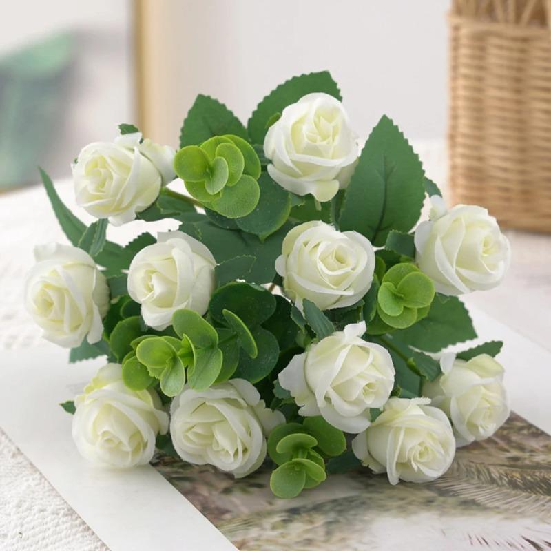

Artificial Eucalyptus Leaves & Silk Roses Bouquet, Fake Flowers for Vase, Home Outdoor Garden Festival Wedding Party Table Decor 32cm-1pc белый