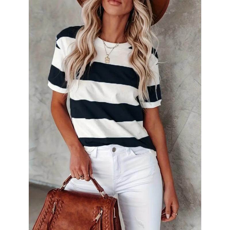 Short Sleeve Striped T-Shirt, Crew Neck Casual Top For Summer & Spring, Women's Clothing