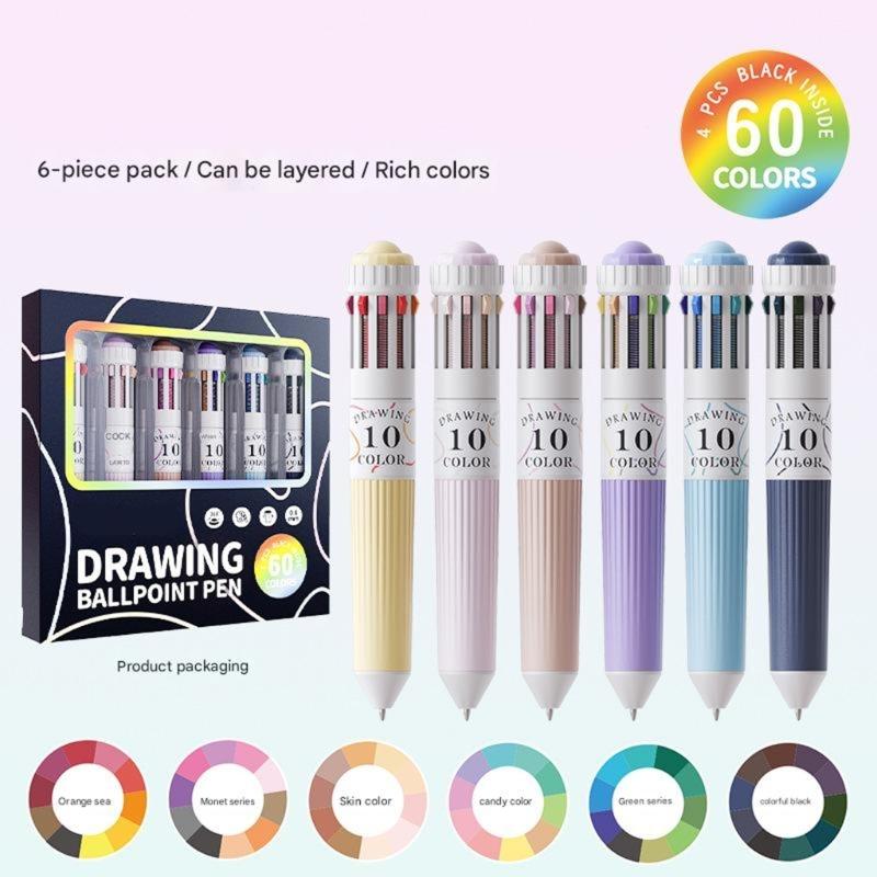 3/6Pcs 10-Color-in-1 Pen Ballpoint Pen 0.8MM Tip Retractable Multicolored Pen for Daily Journaling Note Taking Drawing