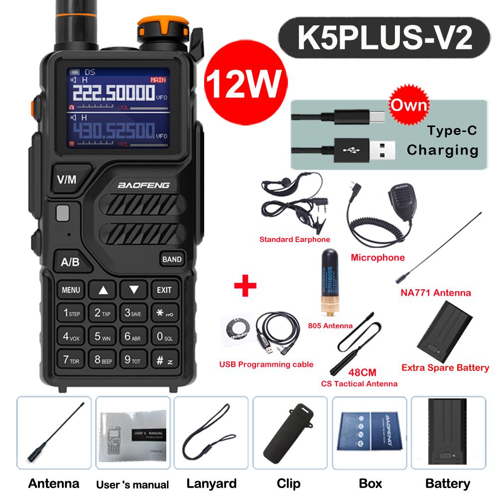 Baofeng UV-K5 Plus Walkie Talkie 12W High Capacity AM FM Two Way Radio Full Band LCD 999CH Frequency Copy NOAA Noise Reduce