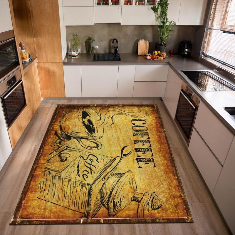 Creative Coffee Floor Mat Wood Design with Coffee Bean Border Mug Print Non-Slip Kitchen Rug for Cozy Cafe Vibe Warm Home Decor