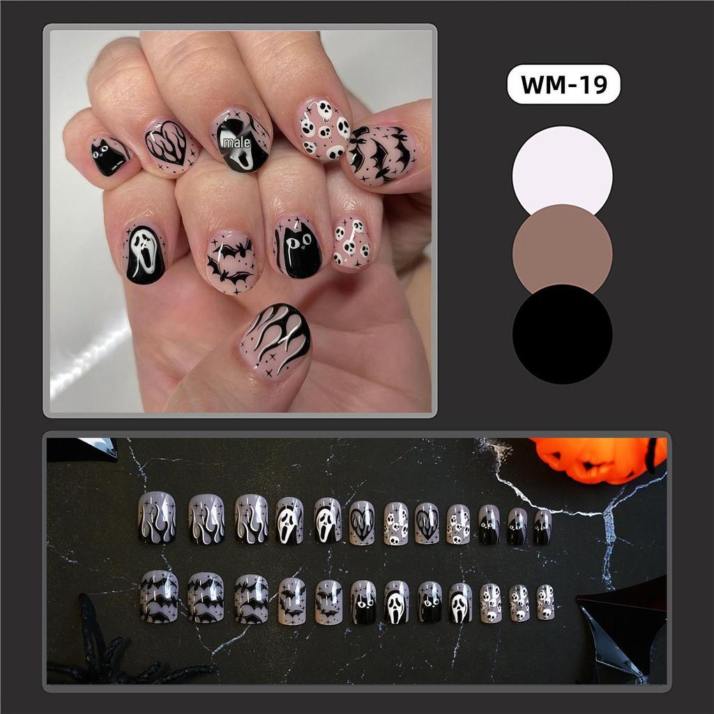 WM-19 Ghost Black Cat & Bat Halloween Nail Tips - Short Square False Fingernails