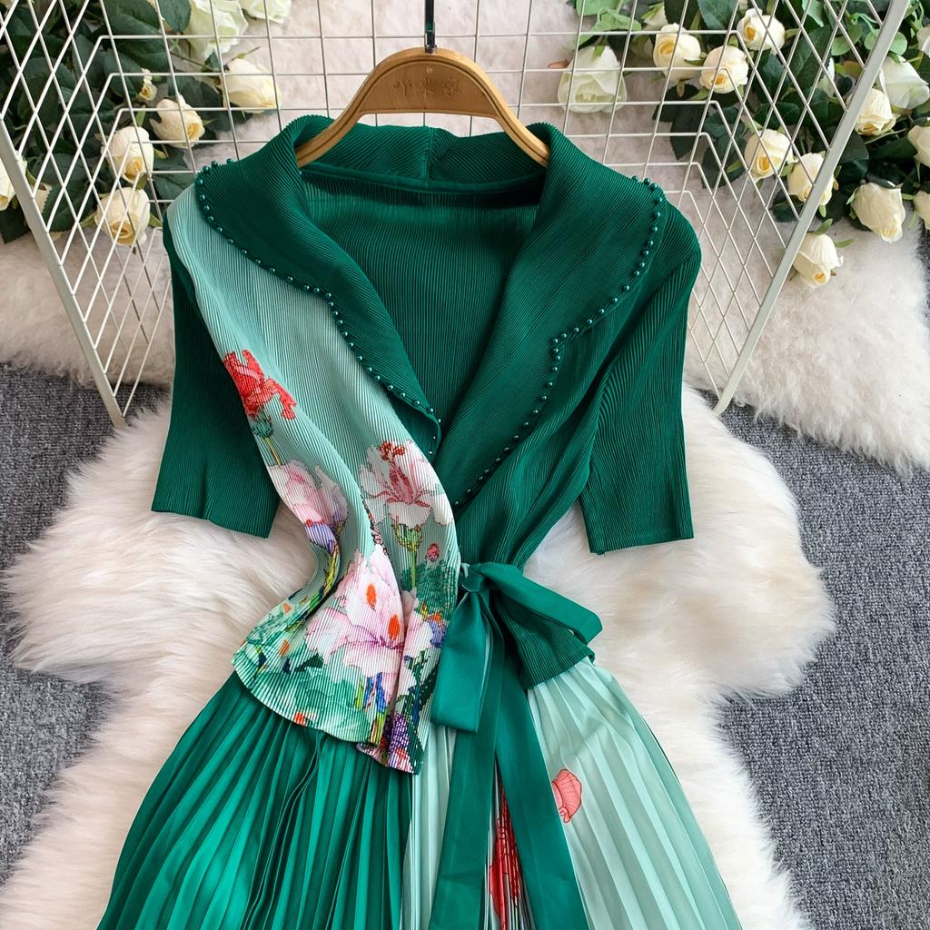 Summer Women Casual Plus Size Miyake Folds Print Beading Lace-up Oversize Loose Long Maxi Pleated Dresses