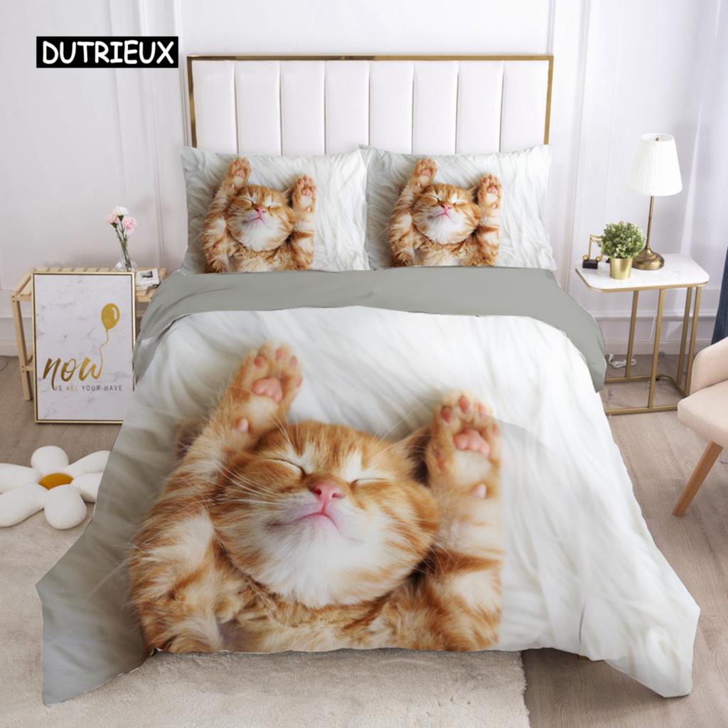 Cat Duvet Cover Set Lovely Animal Kitten Printed Quilt Cover Kids Teens Girl Animal Double Queen King Size Polyester Bedding Set