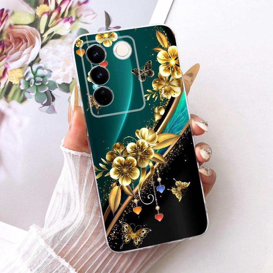 For Vivo V27 V27Pro Cute Flower Butterfly Cat Painted Case For Vivo V 27 V27 Pro V2230 V2231 Soft Silicone TPU Phone Cases