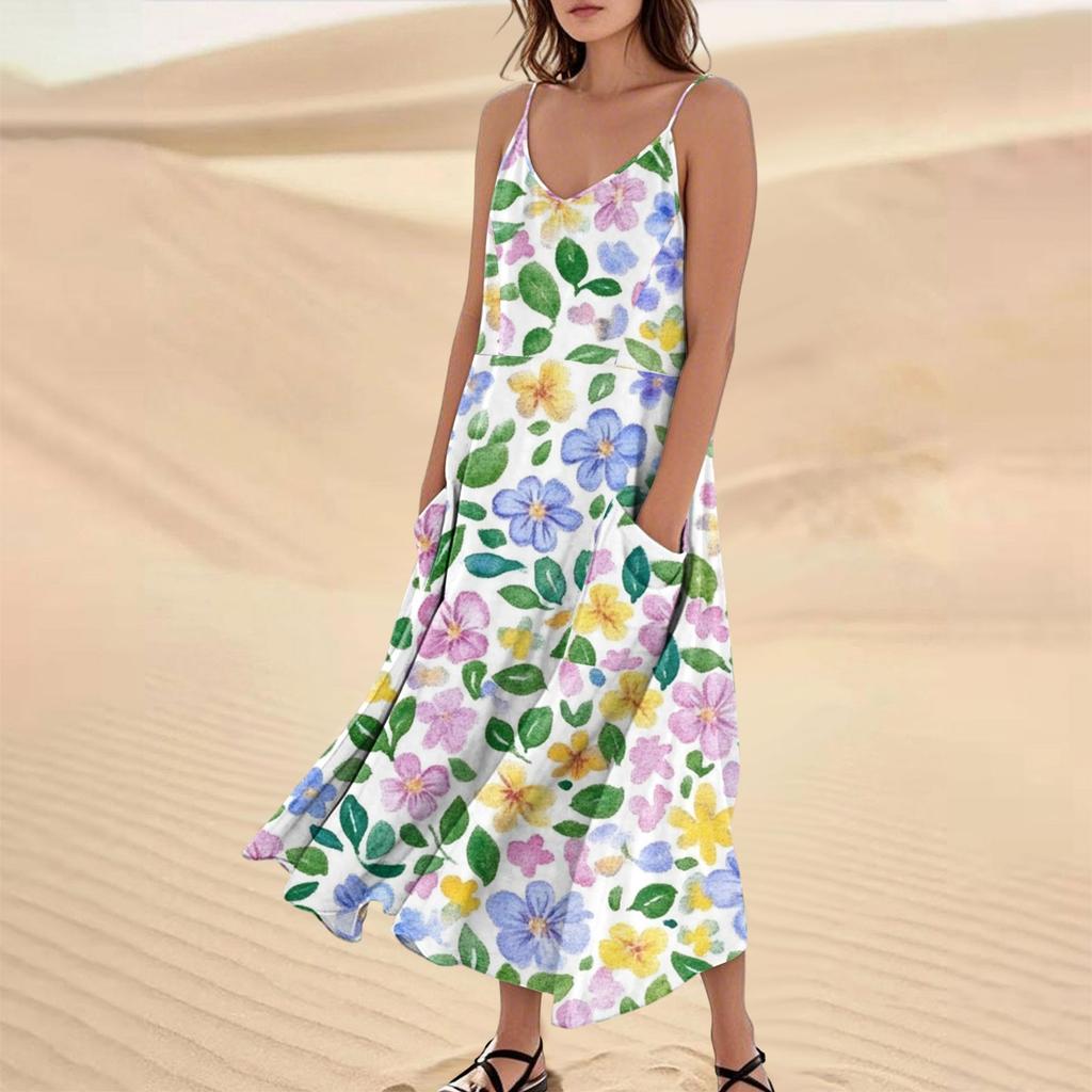 Women's Casual V Neck Floral Print Sleeveless Pocket Suspender Dress
