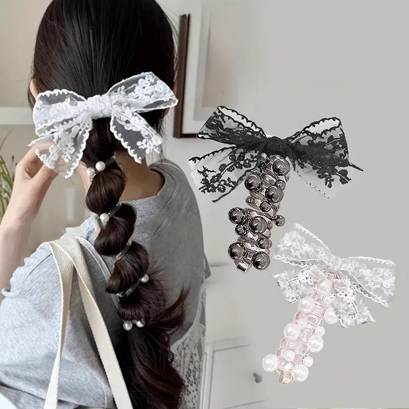 1PCS Fairy Lace Bow Bead Bubble Braid Hair Ring Hair Tie Hair Rubber Band Side Ponytail Hair Accessories
