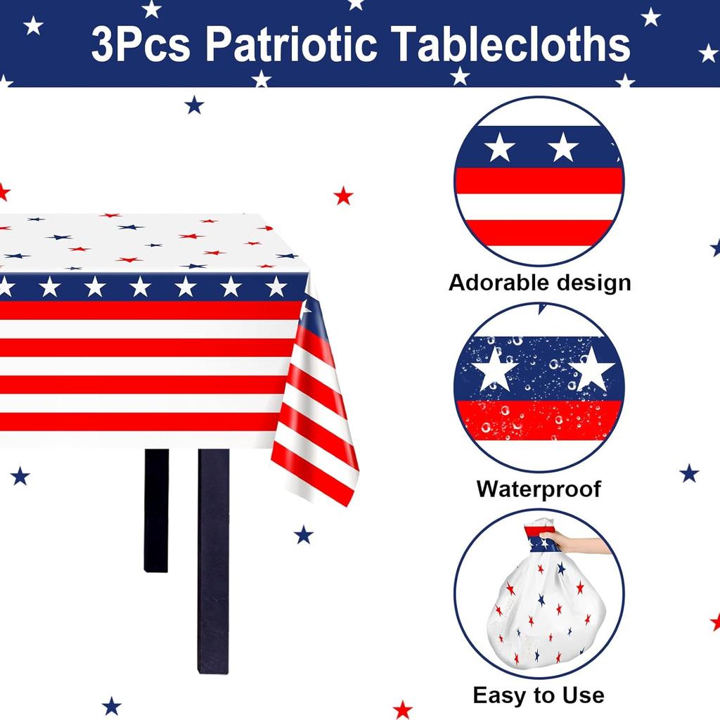 Avezano 3 pcs Patriotic Tablecloths Labor Day Decorations Red White and Blue Plastic Tablecloth Disposable 108 x 54 inch Birthday Memorial Day 4th of