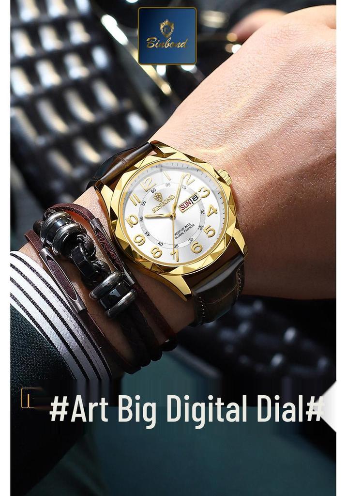 Binbang Ultra-thin Luminous Men's Quartz Watch - Automatic Movement, Waterproof with Calendar, Leather Strap, Business & Fashion Style.