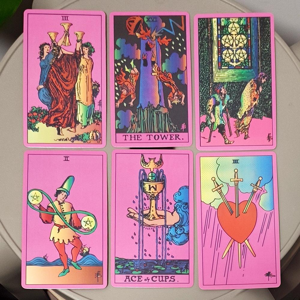 Pink Neon Tarot Deck 10.3*6cm - 78 Classic Rider-Waite Smith Cards Vibrant Trippy Design